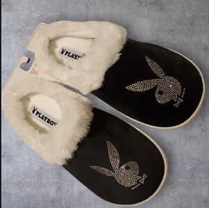 PLAYBOY Black and Silver Rhinestone Slip On Indoor / Outdoor Slippers